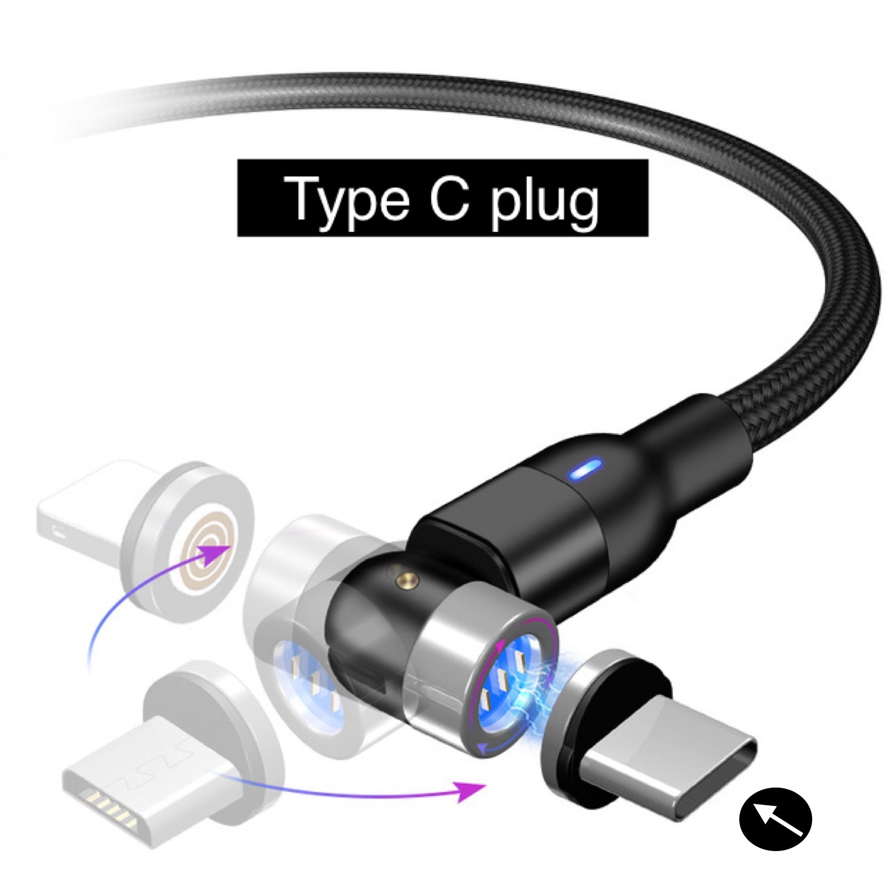Type C Samsung Android Magnetic 540 degree Rotating Rotational Charger Cable Black