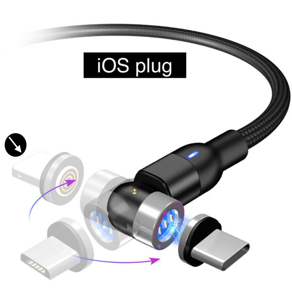 iOS iPhone Magnetic 540 degree Rotating Rotational Charger Cable Black