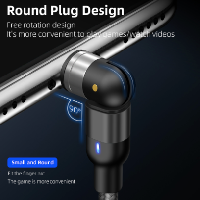 iOS iPhone Micro USB Type C Samsung Android 3-in-1 Magnetic 540 degree Rotating Rotational Charger Cable Black 90 degree charging