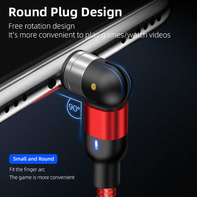 Type C Samsung Android Magnetic 540 degree Rotating Rotational Charger Cable Red 90 degree