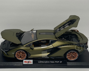 Maisto Diecast 1/18th scale Green Lamborghini Sian FKP 37 model car left side view open hood and trunk GTD